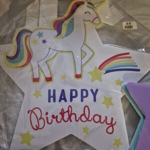 Unicorn Happy Birthday Party Banner/Yard Decor with Posts